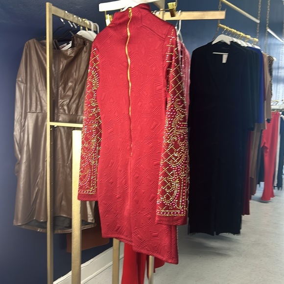 Beautiful design on front and sleeves of dress with gold zipper down back - Picture 2 of 4